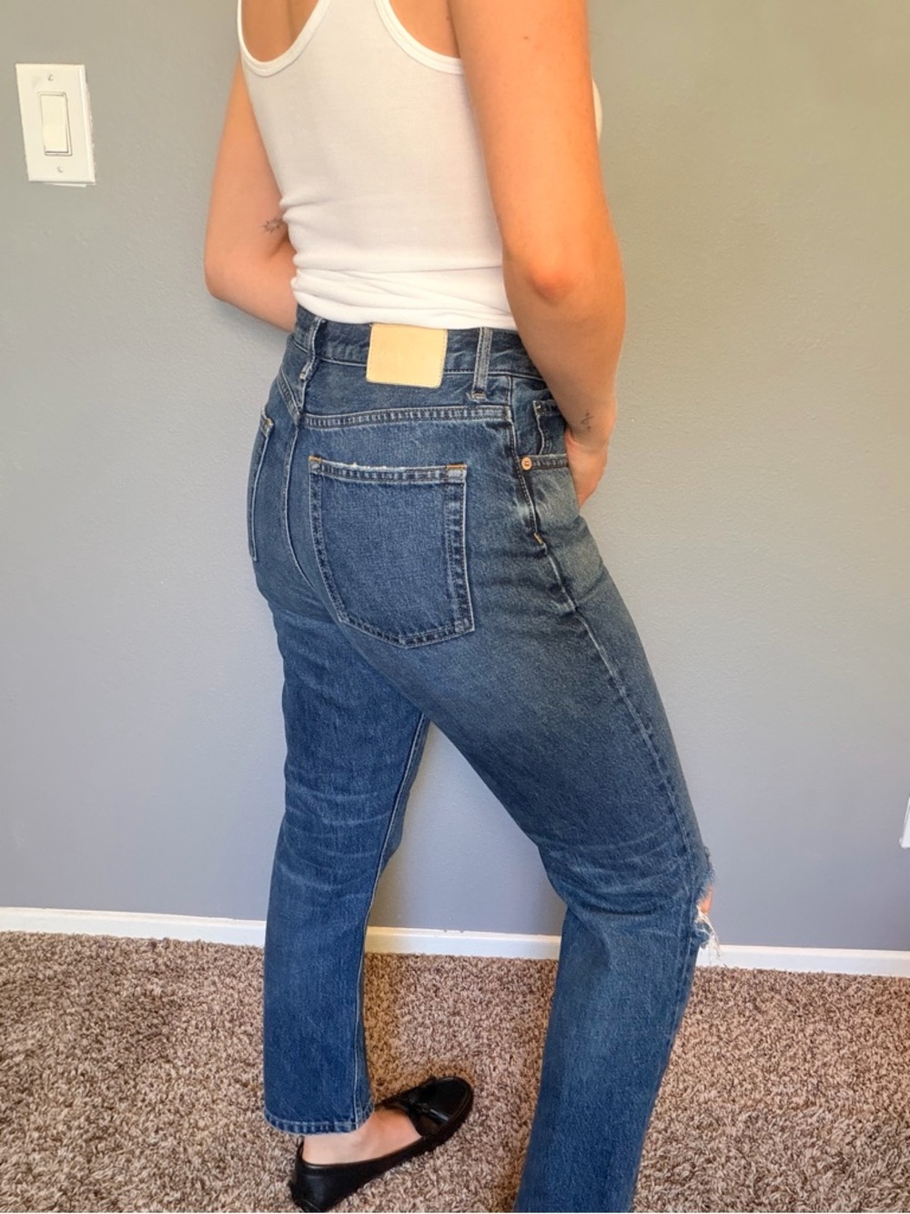 Everlane Blue High-Rise Straight Leg Jeans with Knee Rip